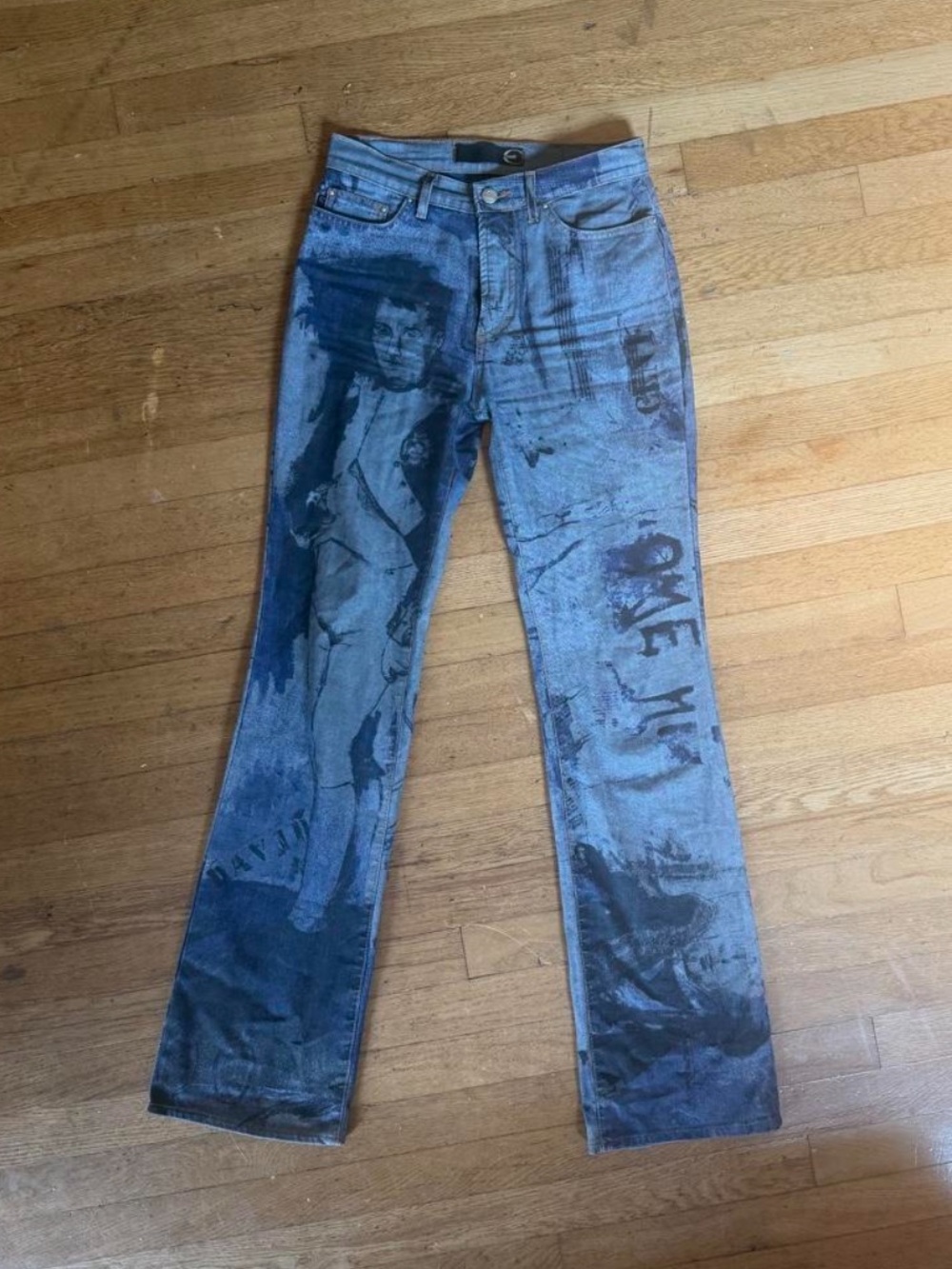 Archival Vintage 90s y2k   Roberto Cavalli Blue Printed Flare Jeans Napoleon